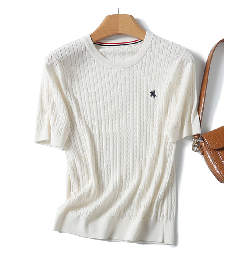 Miu Series Spring and Summer round Neck Embroidered Ruff Pony Fashion Simple Knitwear Female Tn2258 Fashion All-Matching