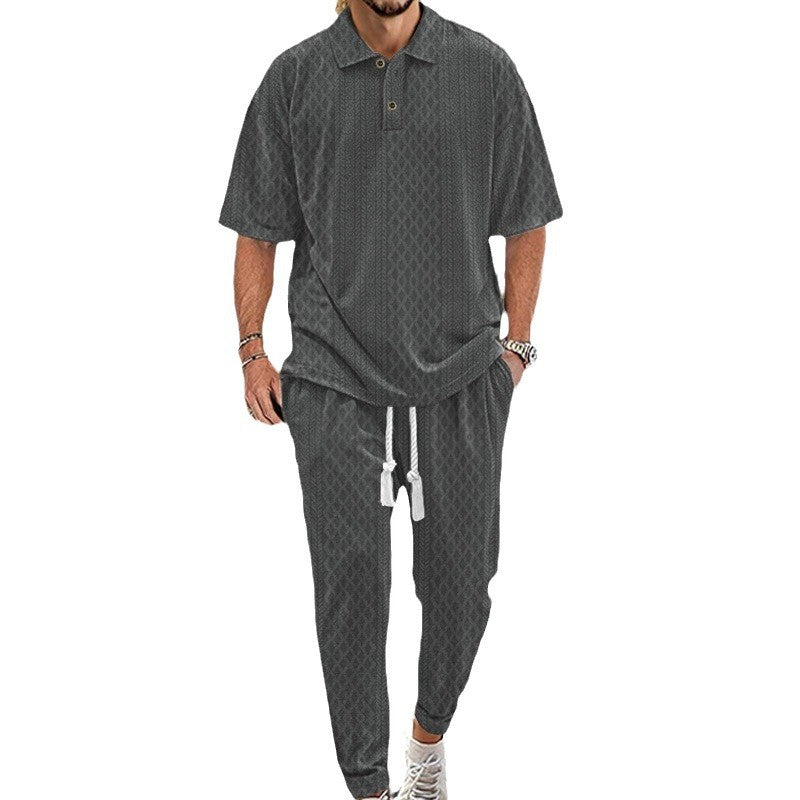 2025 Short-Sleeved Men's T-shirt Loose Leisure Suit Summer Simplicity Solid Color Jacquard Heavy T-shirt Trousers Suit