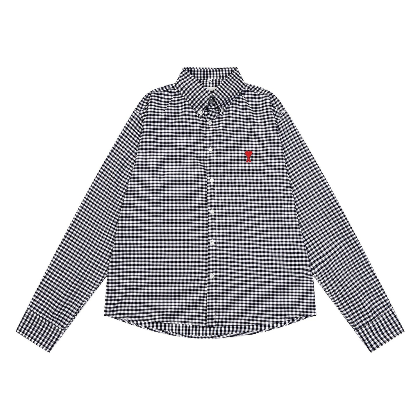 Trendy Brand Am* Small Heart Embroidered Shirt Casual Loose Fit Unisex Couple Style Amy Cotton Long Sleeve Top