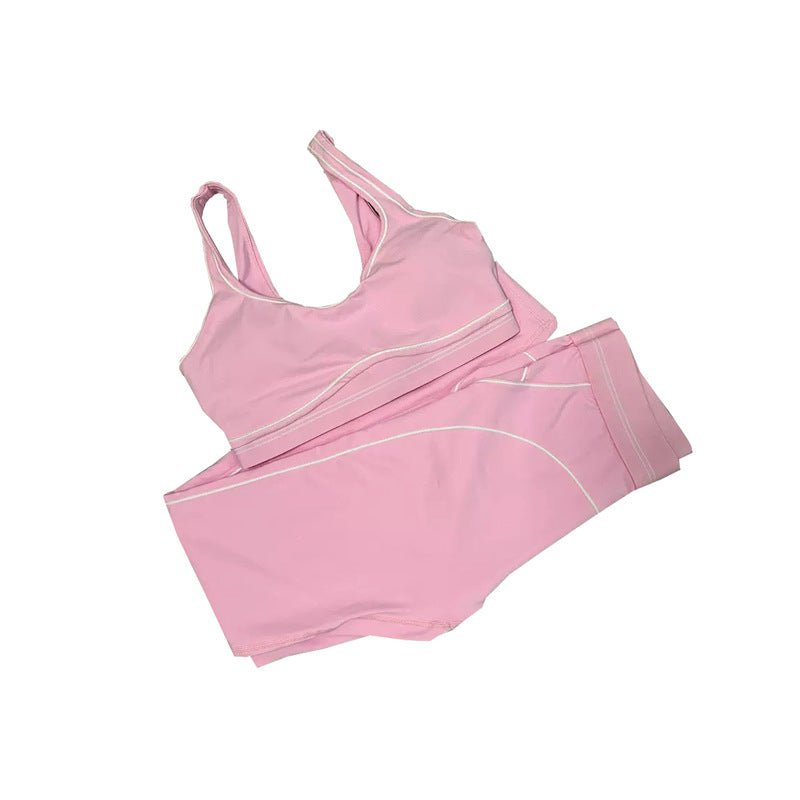 High-Intensity Gathered Bare Sensation Sports Fitness Bra Color-Block Peach Hip High-Waist Yoga Pants Two-Piece Set
