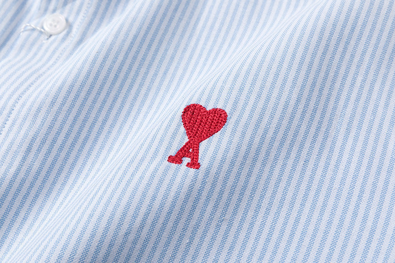 Trendy Brand Am* Small Heart Embroidered Shirt Casual Loose Fit Unisex Couple Style Amy Cotton Long Sleeve Top