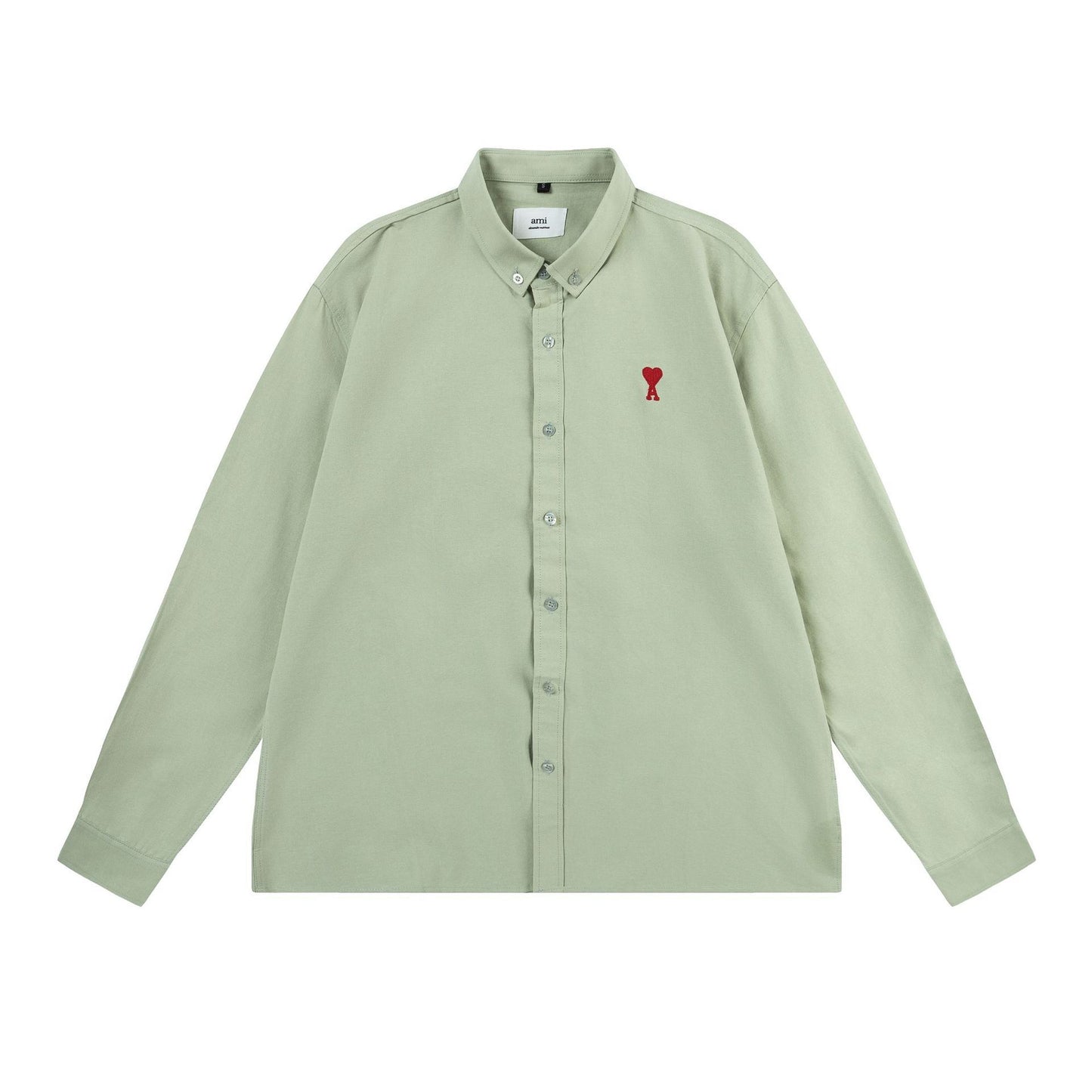 Trendy Brand Am* Small Heart Embroidered Shirt Casual Loose Fit Unisex Couple Style Amy Cotton Long Sleeve Top