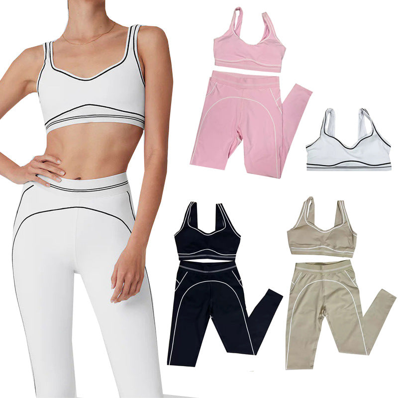 High-Intensity Gathered Bare Sensation Sports Fitness Bra Color-Block Peach Hip High-Waist Yoga Pants Two-Piece Set