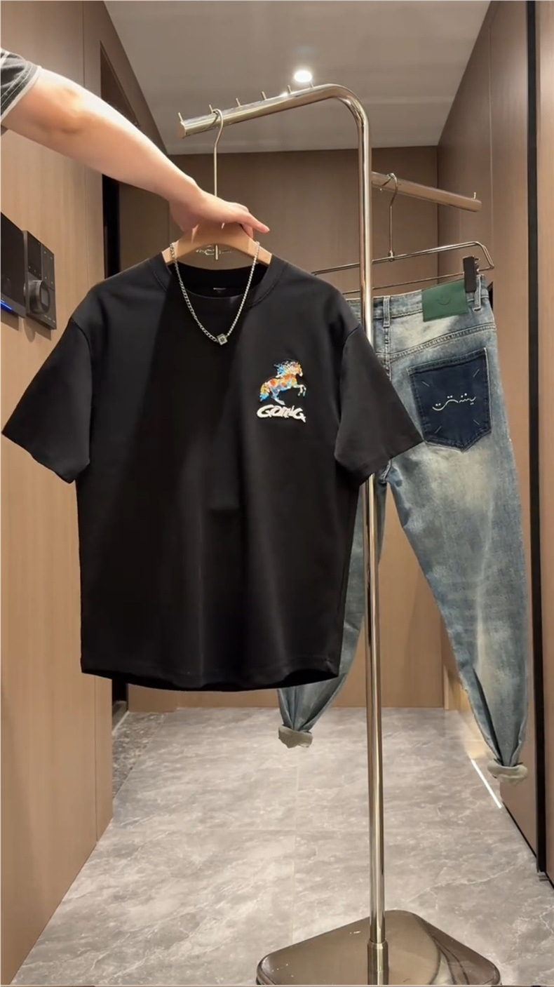 Summer New Foam Print Embroidered Round Neck Short Sleeve Men's Trendy Fashion Loose Versatile Cool Casual Half Sleeve