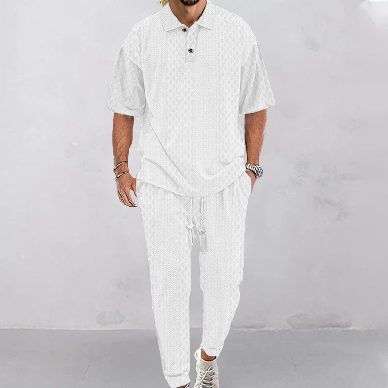 2025 Short-Sleeved Men's T-shirt Loose Leisure Suit Summer Simplicity Solid Color Jacquard Heavy T-shirt Trousers Suit