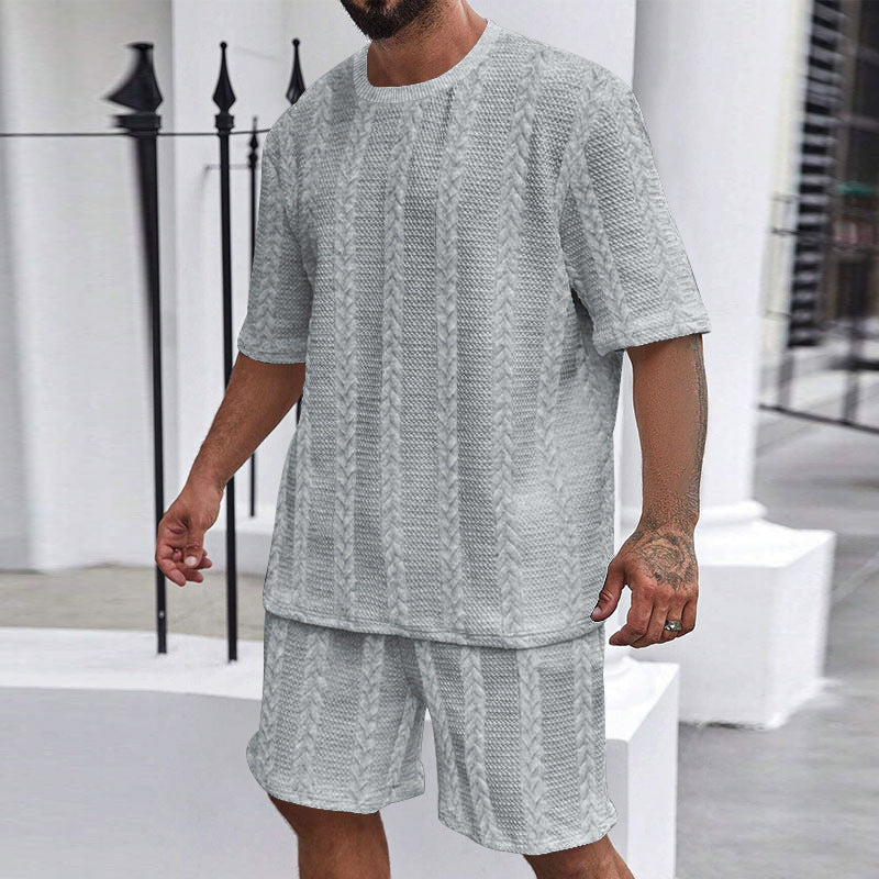 New Knitted Solid Color Jacquard Men's Summer Suit Casual Round Neck Pullover T-shirt Sports Men's Suit