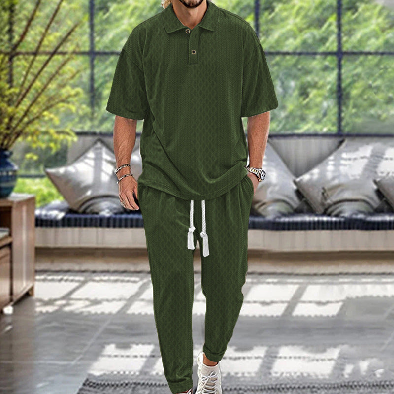 2025 Short-Sleeved Men's T-shirt Loose Leisure Suit Summer Simplicity Solid Color Jacquard Heavy T-shirt Trousers Suit