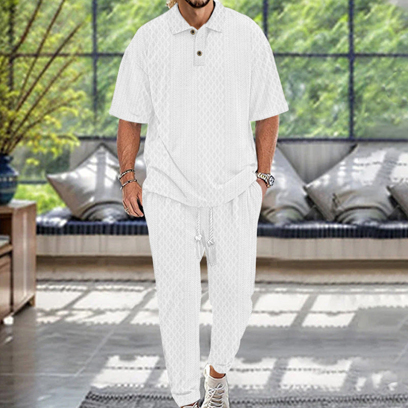 2025 Short-Sleeved Men's T-shirt Loose Leisure Suit Summer Simplicity Solid Color Jacquard Heavy T-shirt Trousers Suit