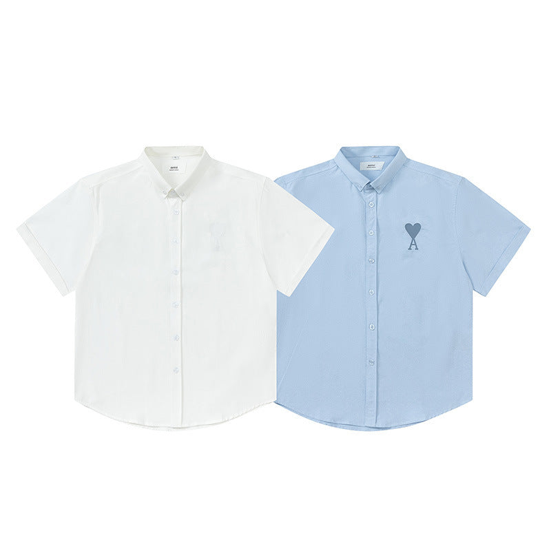 Trendy Brand Am* Small Heart Embroidered Shirt Casual Loose Fit Unisex Couple Style Amy Cotton Long Sleeve Top
