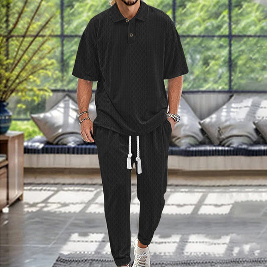 2025 Short-Sleeved Men's T-shirt Loose Leisure Suit Summer Simplicity Solid Color Jacquard Heavy T-shirt Trousers Suit