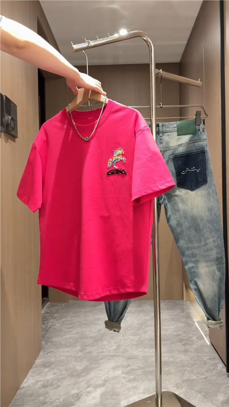 Summer New Foam Print Embroidered Round Neck Short Sleeve Men's Trendy Fashion Loose Versatile Cool Casual Half Sleeve