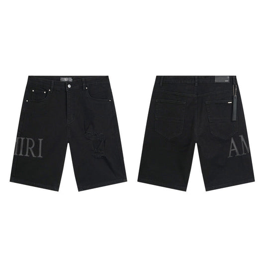 GMABCD Men's Vintage Distressed Patchwork Denim Shorts – Straight-Leg Streetwear – product view 1