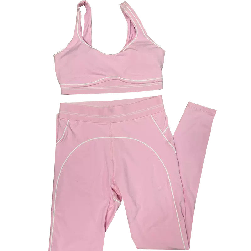 High-Intensity Gathered Bare Sensation Sports Fitness Bra Color-Block Peach Hip High-Waist Yoga Pants Two-Piece Set