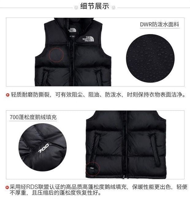 GMabcdNorth-Face 1996 Down Vest Unisex American Version TNF700 Puff Embroidery Winter Vest Couple Style Reversible