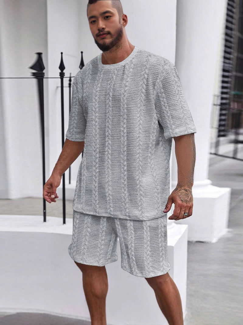 New Knitted Solid Color Jacquard Men's Summer Suit Casual Round Neck Pullover T-shirt Sports Men's Suit