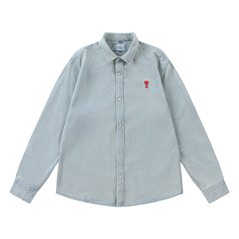 Trendy Brand Am* Small Heart Embroidered Shirt Casual Loose Fit Unisex Couple Style Amy Cotton Long Sleeve Top