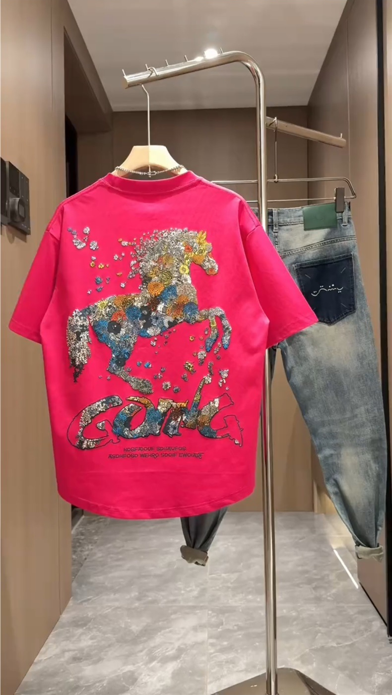 Summer New Foam Print Embroidered Round Neck Short Sleeve Men's Trendy Fashion Loose Versatile Cool Casual Half Sleeve