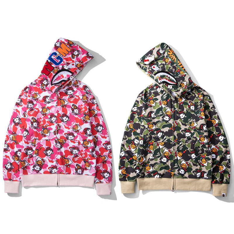 Men's Sweatshirt Shark Cartoon Camouflage Hello Kitty Casual Loose Hooded Top Women's Jacket