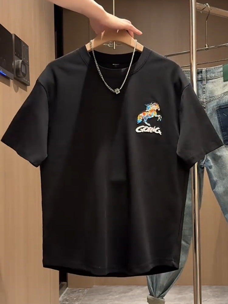 Summer New Foam Print Embroidered Round Neck Short Sleeve Men's Trendy Fashion Loose Versatile Cool Casual Half Sleeve