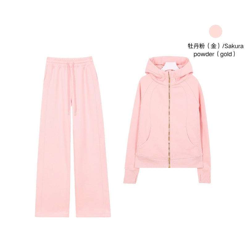 LULU Embroidered Hooded Zipper Cardigan Slim Fit Sweatshirt Set Fleece Lined Full Zipper Cardigan Jacket Gold Label