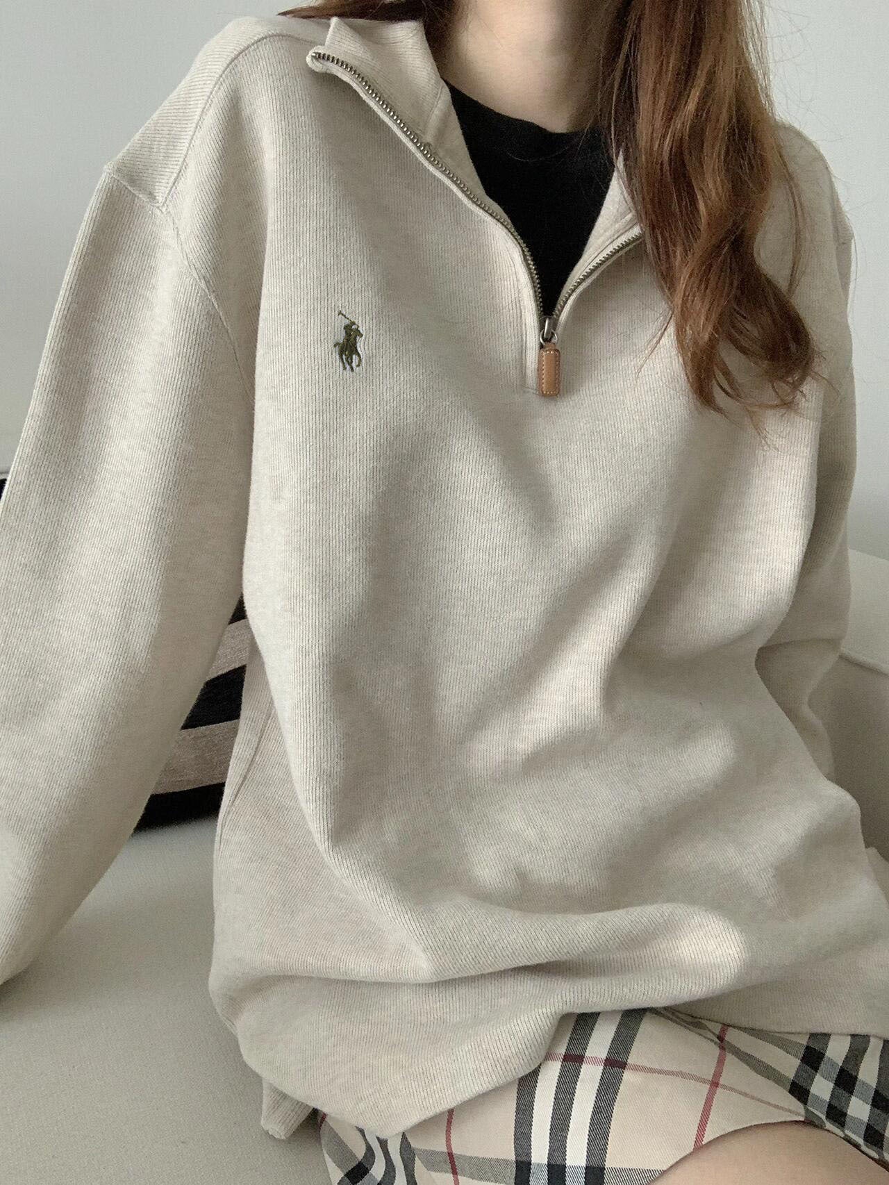 RL Ralph Pony Label Retro Couple Sweatshirt Women Long Sleeve Sweatshirt Men Polo Half Zipper Turn-down Collar Loose American Style