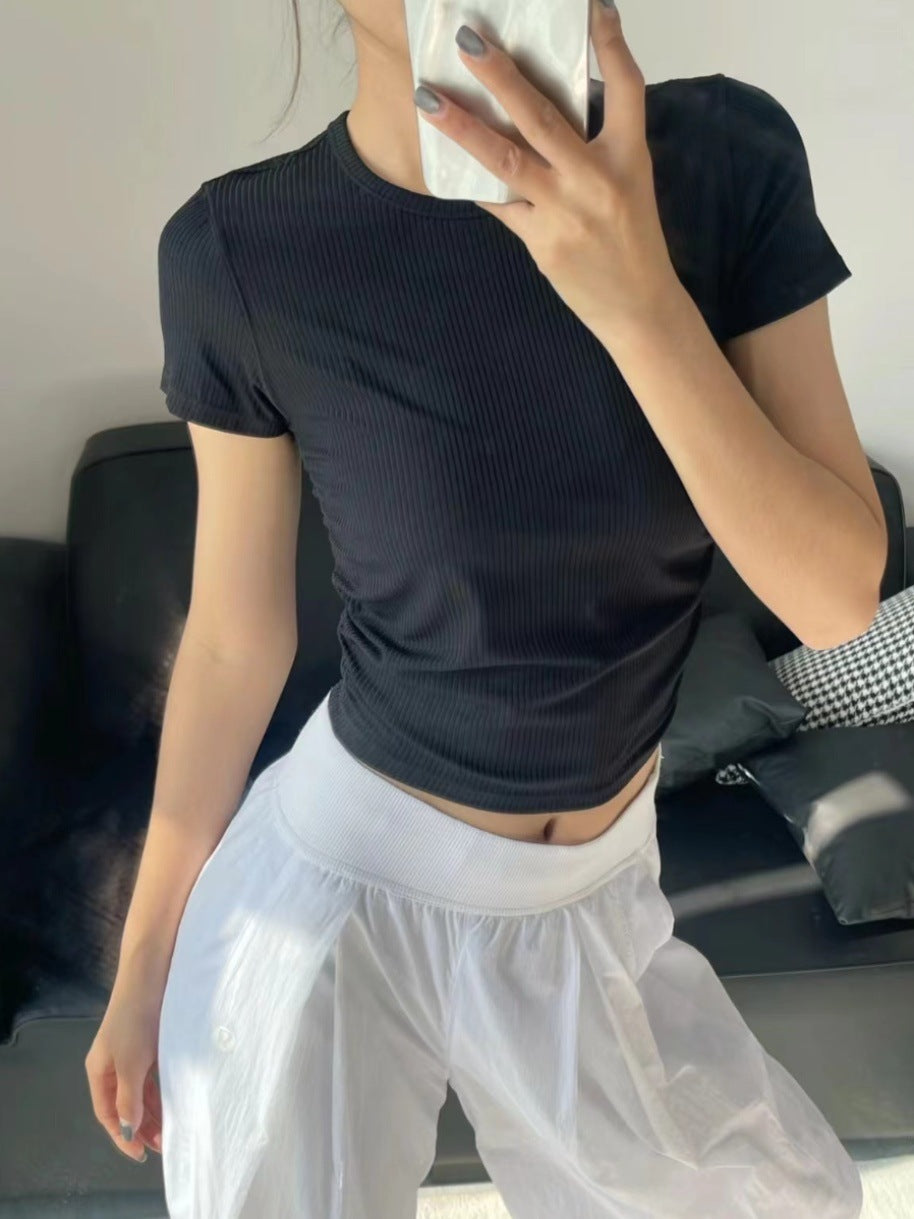 Lulu All It Bare Sensation Yoga Slim Fit Breathable Fitness Sports Short Ribbed Short Sleeve T-Shirt with Side Pleats