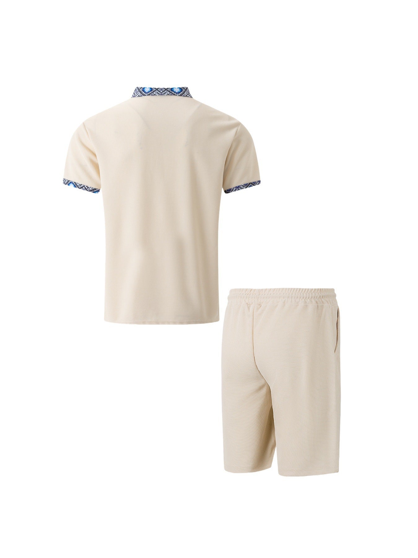 Men's New Waffle Zipper Solid Color Turn-Down Collar Short Sleeve T-Shirt Shorts Casual Set