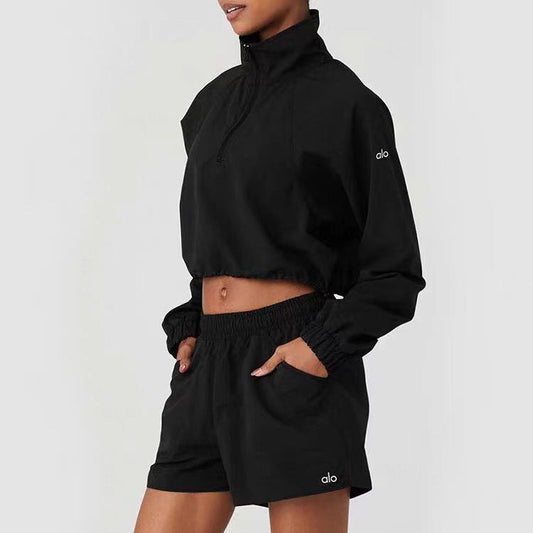 A-L Half-Zip Sun Protection Jacket Short Cropped Stand Collar Set Women's Sports Casual Pullover Top + Shorts