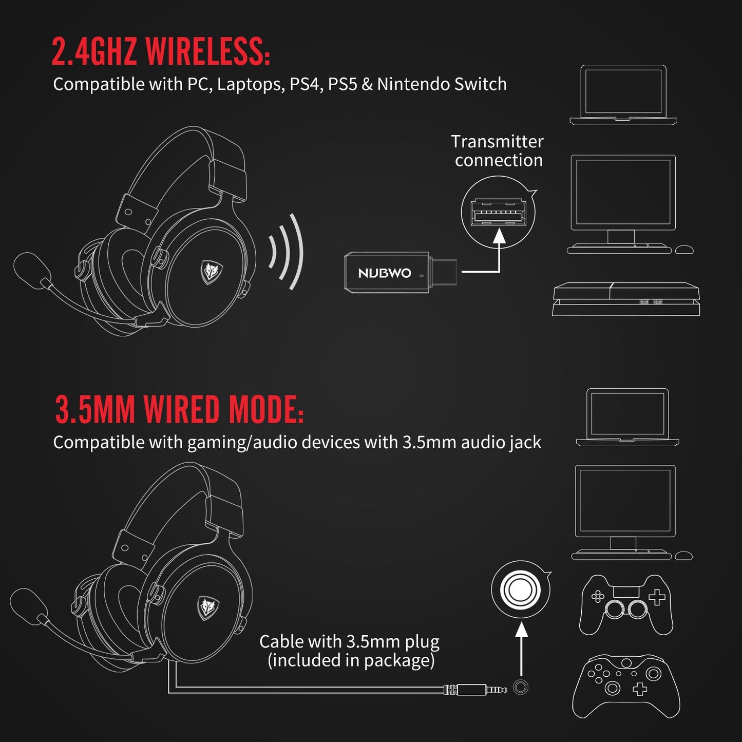GMabcd G07 Wireless Game Headphone Head-Mounted Noise Reduction Headset Stereo 2.4G