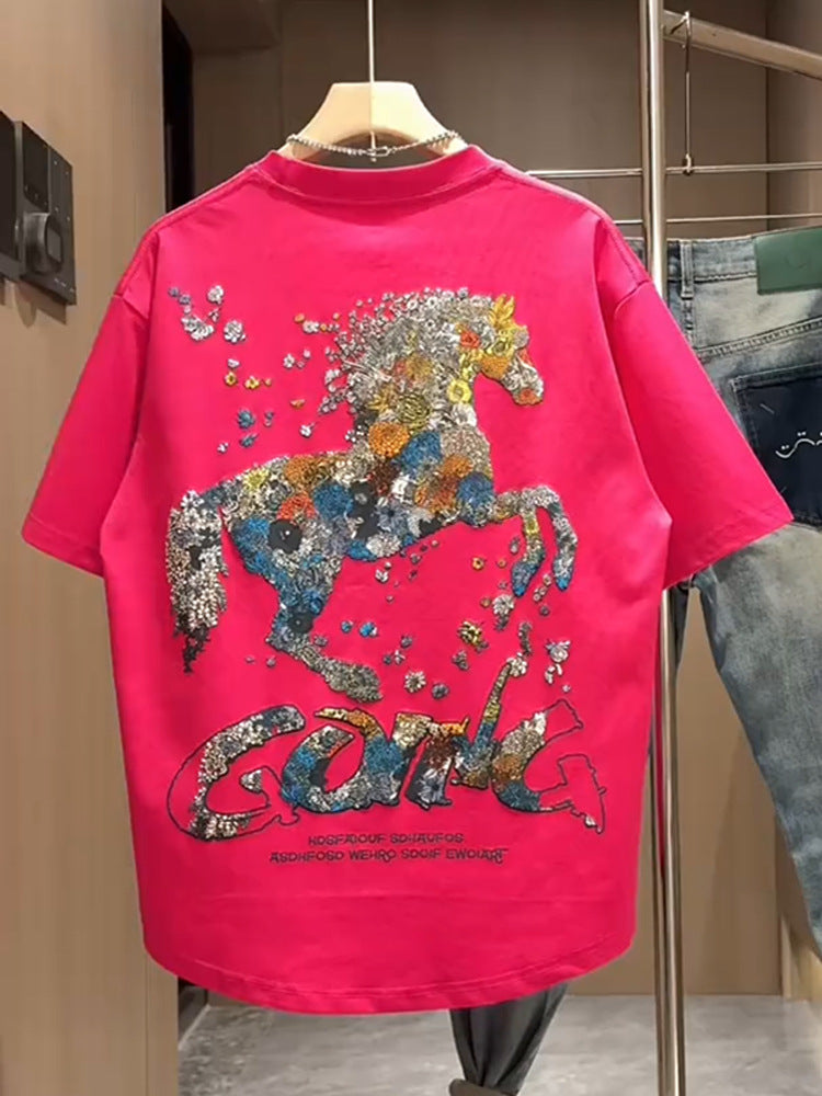 Summer New Foam Print Embroidered Round Neck Short Sleeve Men's Trendy Fashion Loose Versatile Cool Casual Half Sleeve