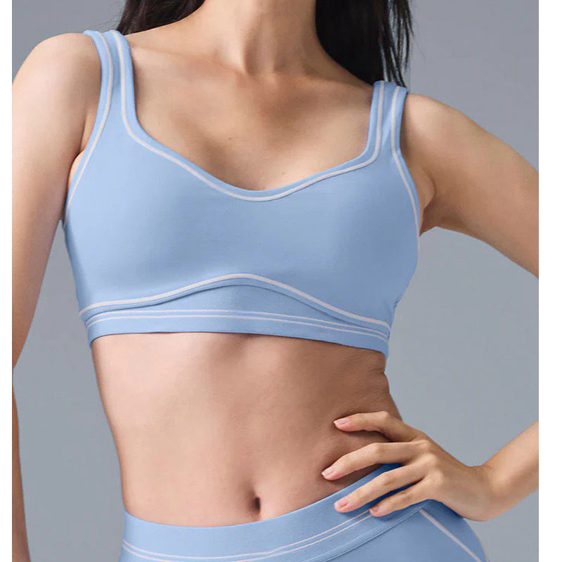 High-Intensity Gathered Bare Sensation Sports Fitness Bra Color-Block Peach Hip High-Waist Yoga Pants Two-Piece Set