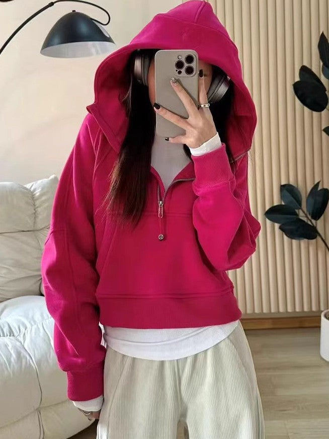 Lulu Same Style Winter Half-Zip Loose Hooded Sweatshirt for Women, Autumn and Winter Fleece-Lined Slim Fit Hoodie Jacket