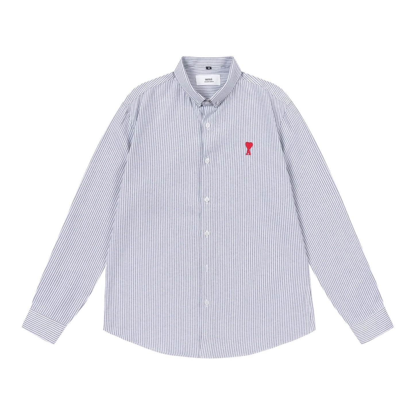 Trendy Brand Am* Small Heart Embroidered Shirt Casual Loose Fit Unisex Couple Style Amy Cotton Long Sleeve Top
