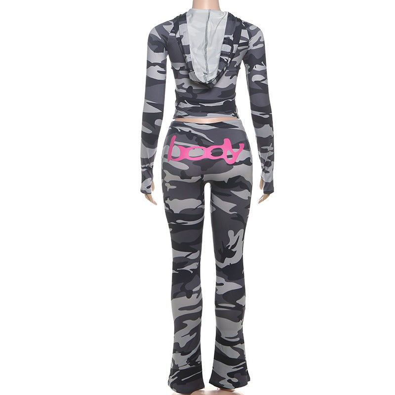 2025 Autumn Women's New Fashion Hooded Camouflage Print Long Sleeve Sports Trendy Slim Fit Long Pants Two-Piece Set