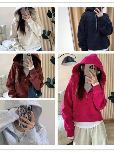 Lulu Same Style Winter Half-Zip Loose Hooded Sweatshirt for Women, Autumn and Winter Fleece-Lined Slim Fit Hoodie Jacket