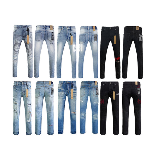 Gmabcd Men's KSB Jeans Straight Leg Ripped Stretch American High Street Casual Men's Jeans