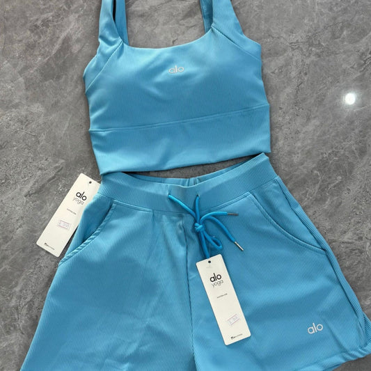 Al Yoga Bra High Elasticity Sleeveless Waffle Solid Color Tank Top Shorts Casual Set Yoga Fitness