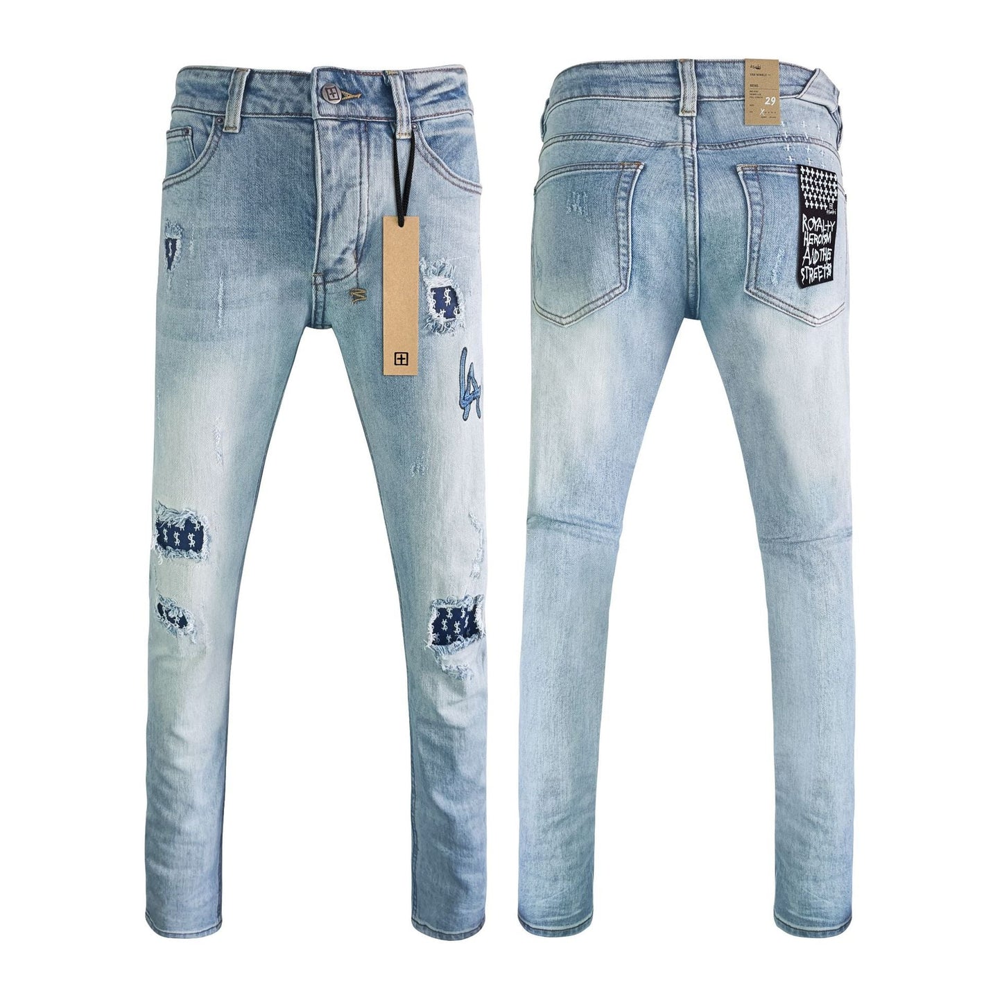 Gmabcd Men's KSB Jeans Straight Leg Ripped Stretch American High Street Casual Men's Jeans