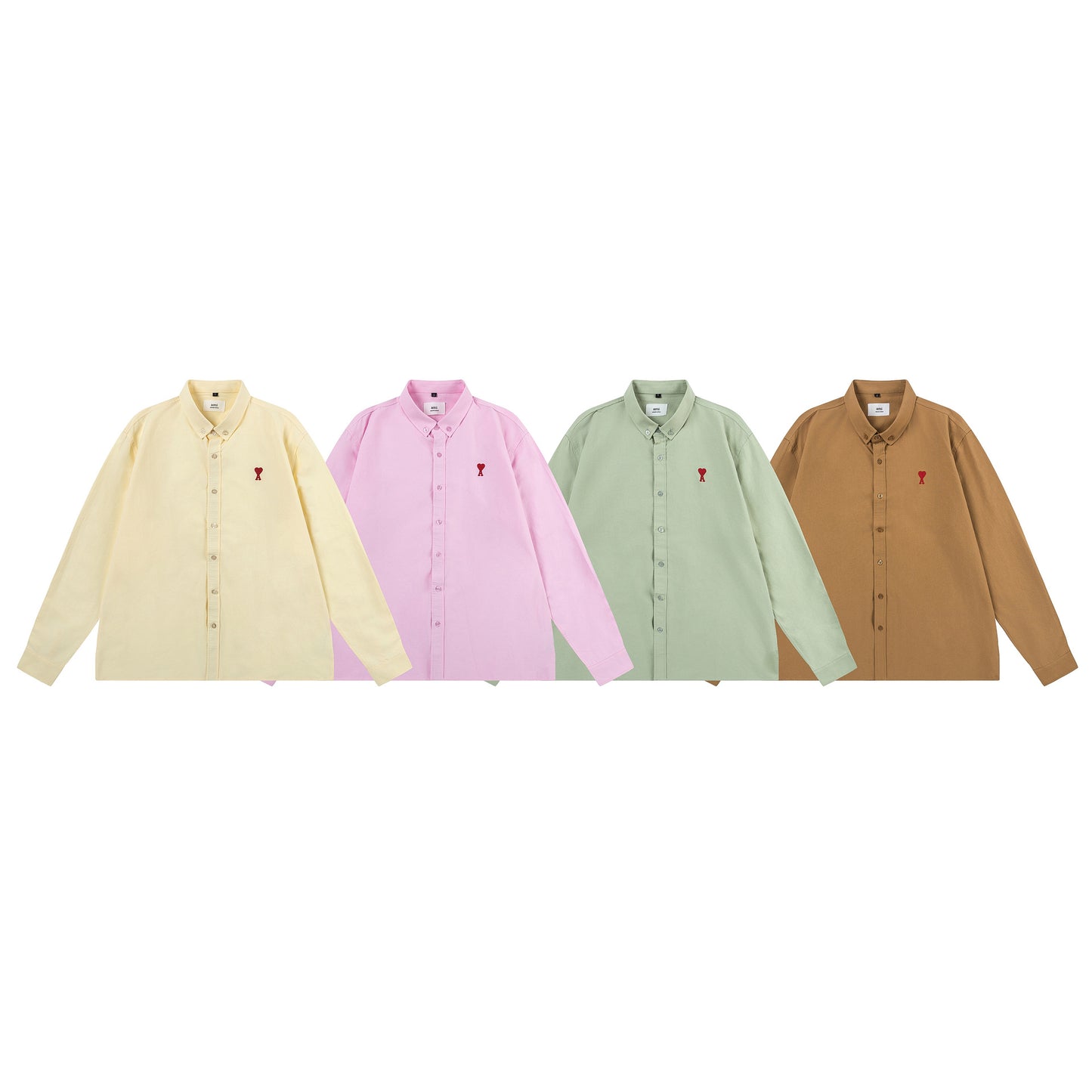 Trendy Brand Am* Small Heart Embroidered Shirt Casual Loose Fit Unisex Couple Style Amy Cotton Long Sleeve Top