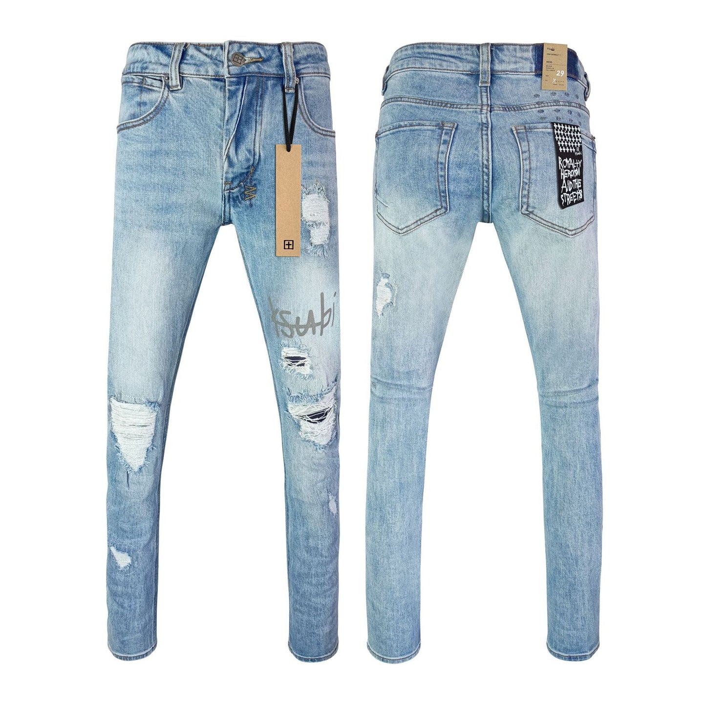 Gmabcd Men's KSB Jeans Straight Leg Ripped Stretch American High Street Casual Men's Jeans