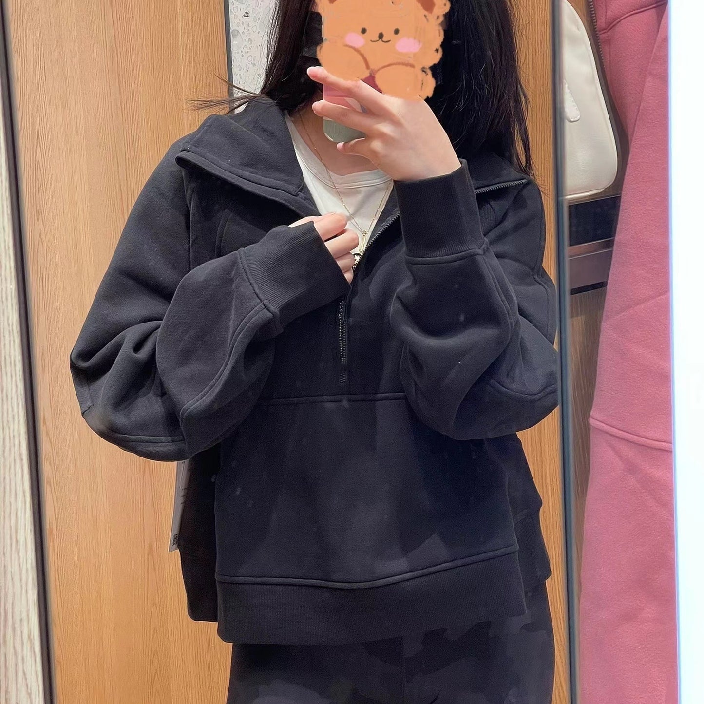 Lulu Same Style Winter Half-Zip Loose Hooded Sweatshirt for Women, Autumn and Winter Fleece-Lined Slim Fit Hoodie Jacket