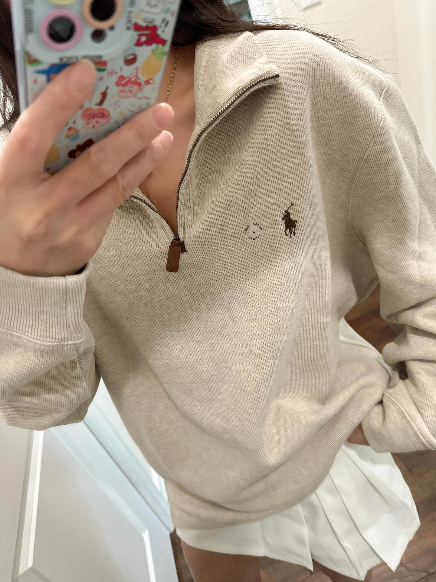 RL Ralph Pony Label Retro Couple Sweatshirt Women Long Sleeve Sweatshirt Men Polo Half Zipper Turn-down Collar Loose American Style