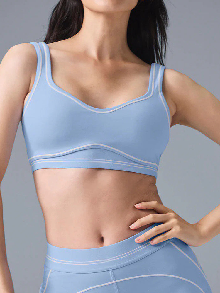 High-Intensity Gathered Bare Sensation Sports Fitness Bra Color-Block Peach Hip High-Waist Yoga Pants Two-Piece Set