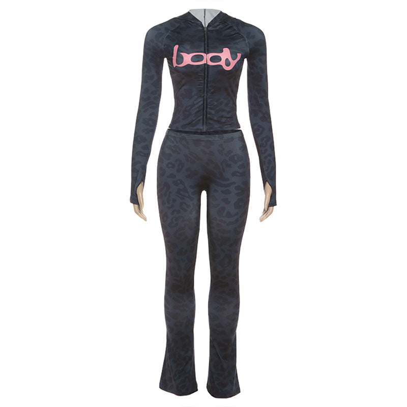 2025 Autumn Women's New Fashion Hooded Camouflage Print Long Sleeve Sports Trendy Slim Fit Long Pants Two-Piece Set