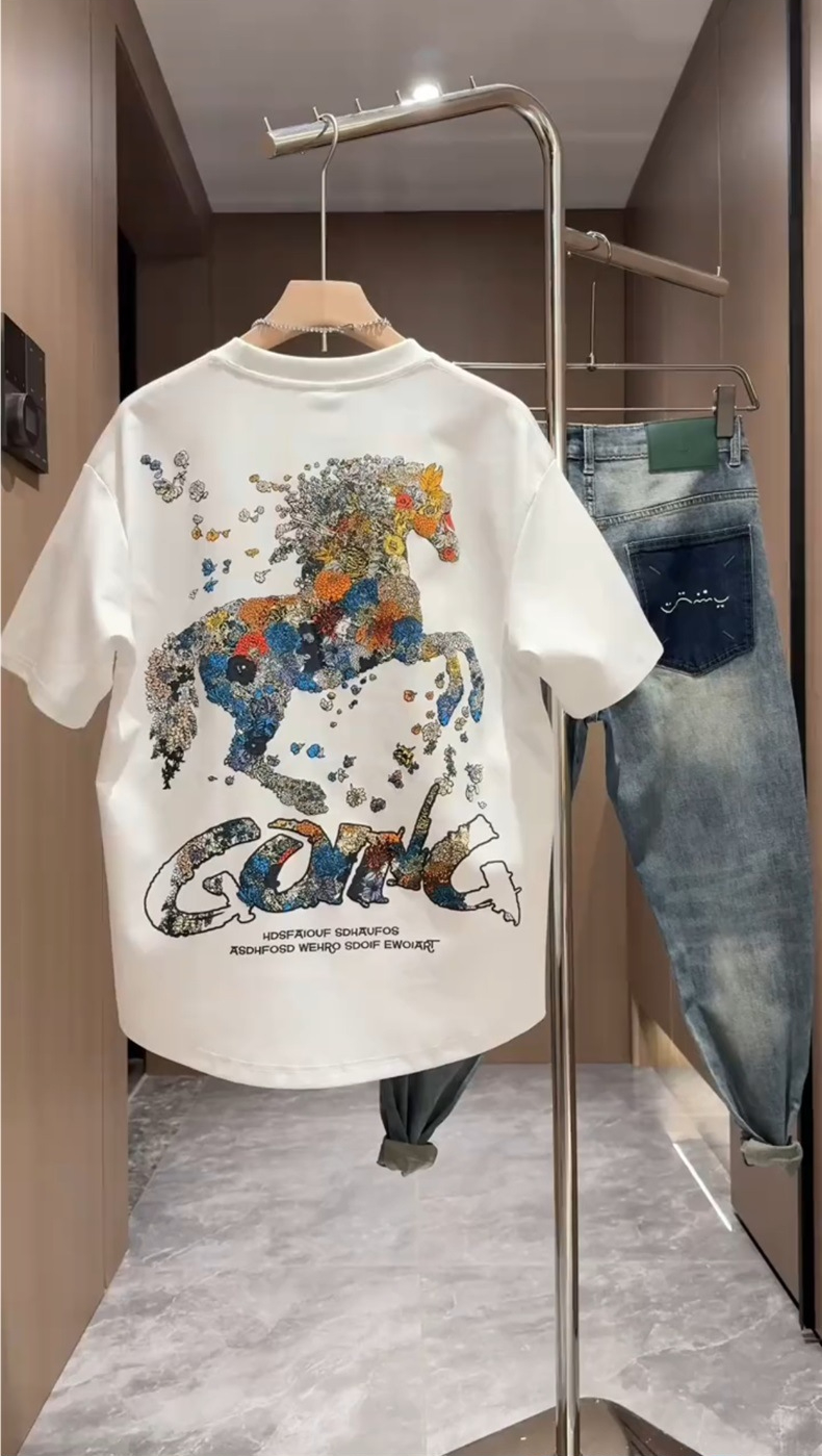 Summer New Foam Print Embroidered Round Neck Short Sleeve Men's Trendy Fashion Loose Versatile Cool Casual Half Sleeve