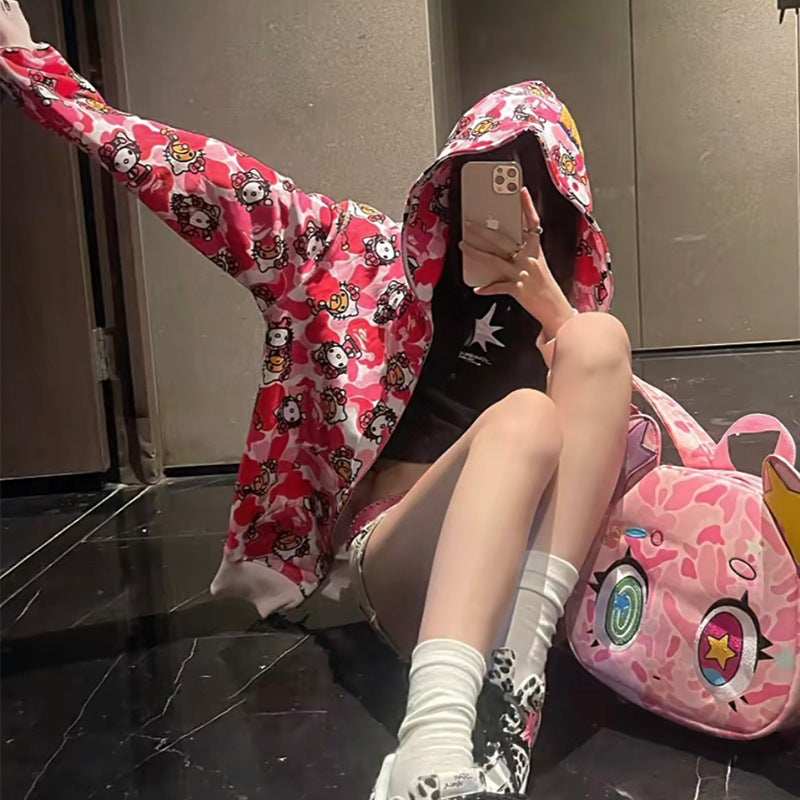 Men's Sweatshirt Shark Cartoon Camouflage Hello Kitty Casual Loose Hooded Top Women's Jacket