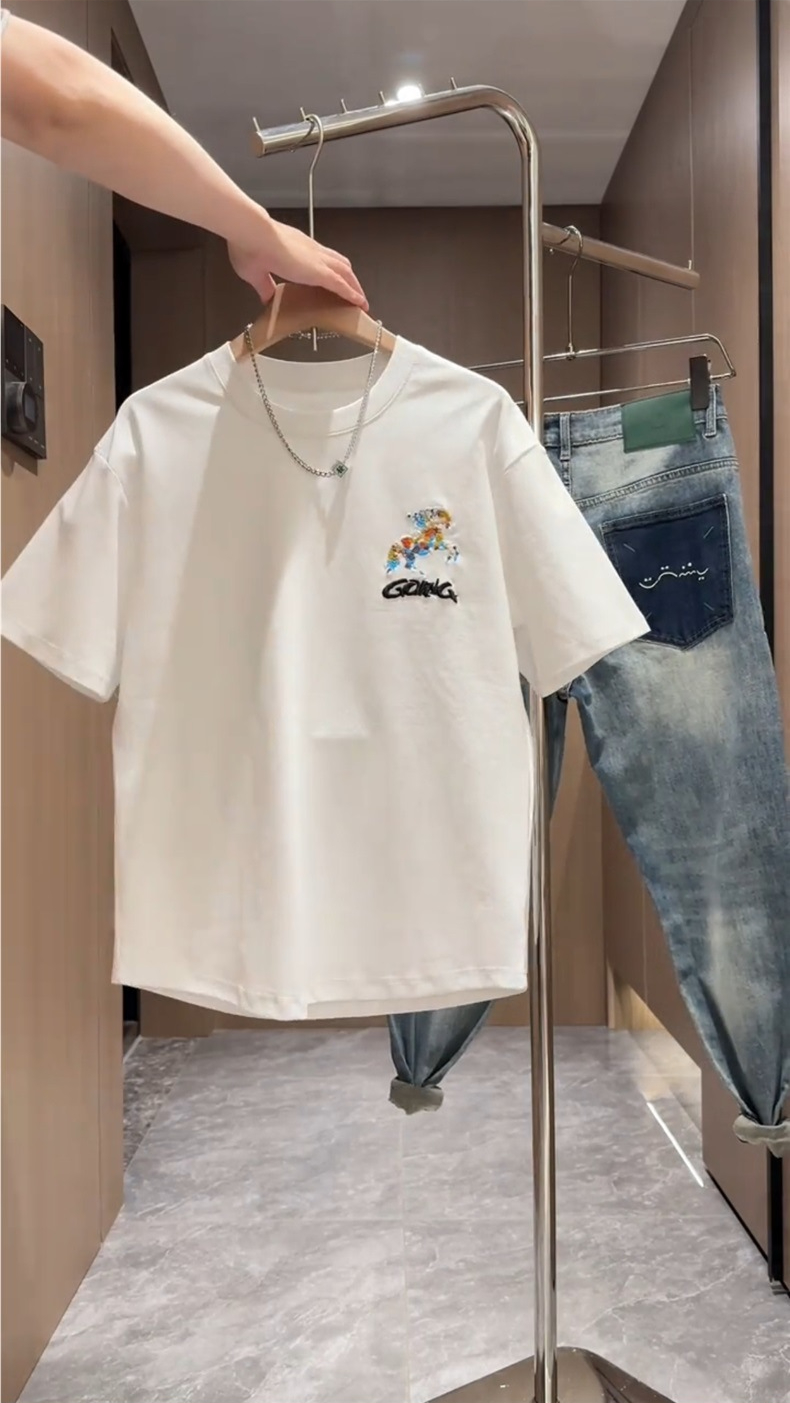 Summer New Foam Print Embroidered Round Neck Short Sleeve Men's Trendy Fashion Loose Versatile Cool Casual Half Sleeve