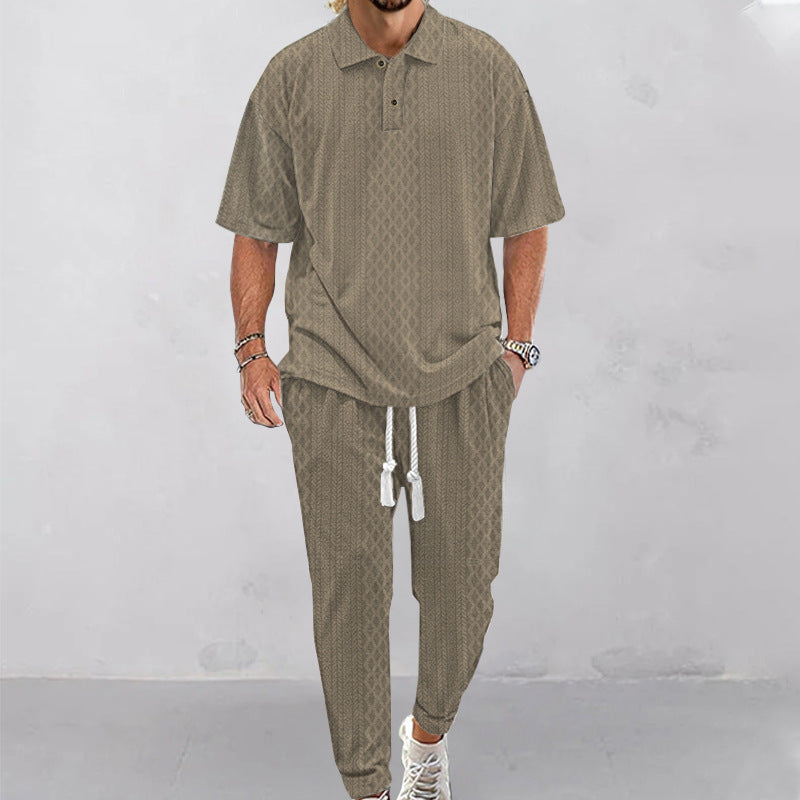 2025  Short-Sleeved Men's T-shirt Loose Leisure Suit Summer Simplicity Solid Color Jacquard Heavy T-shirt Trousers Suit