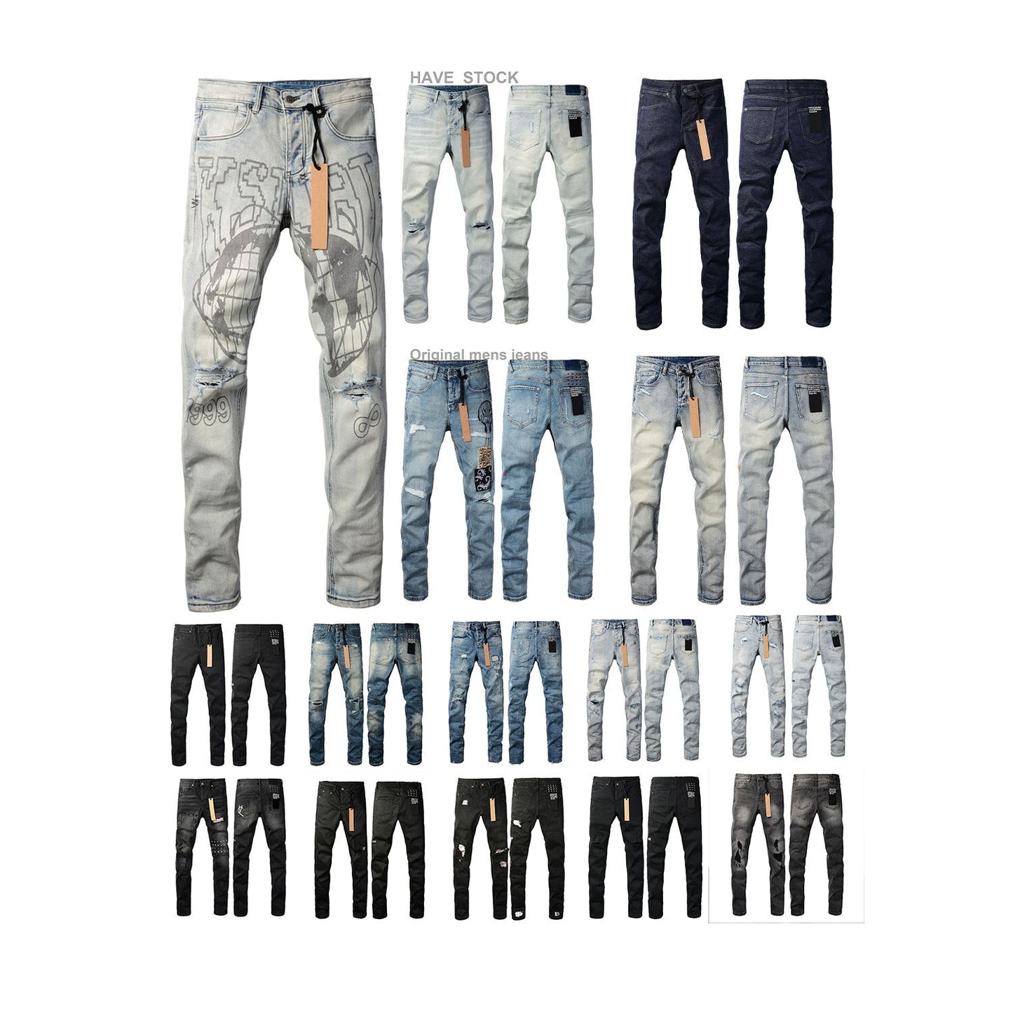 Gmabcd Men's KSB Jeans Straight Leg Ripped Stretch American High Street Casual Men's Jeans