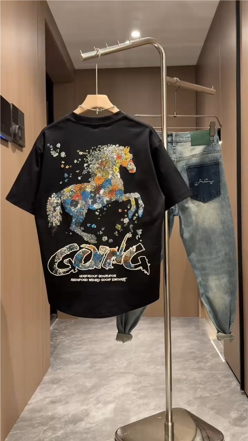 Summer New Foam Print Embroidered Round Neck Short Sleeve Men's Trendy Fashion Loose Versatile Cool Casual Half Sleeve